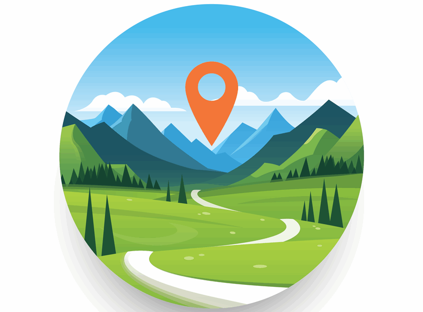 Location Pin Indicating Beautiful Valley and Mountain Range